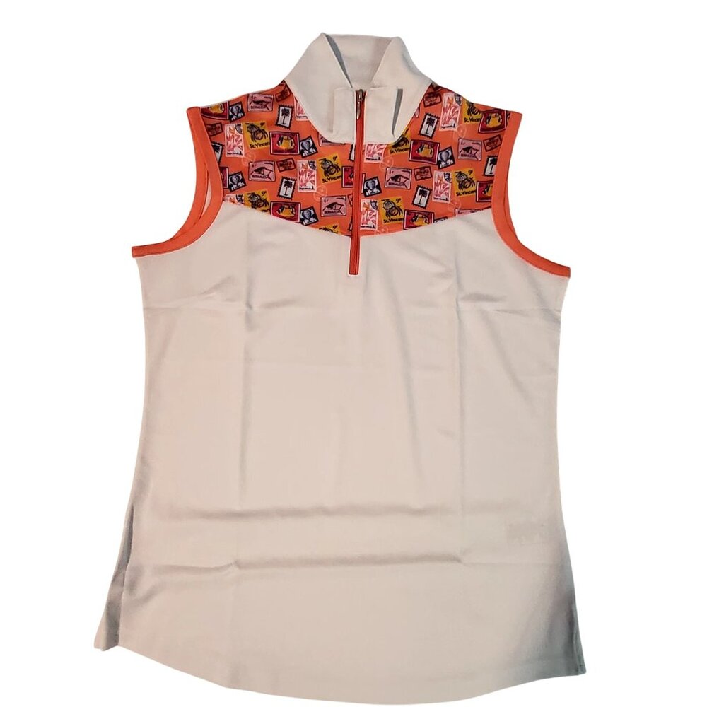Bermuda Sands Womens Sleeveless Polo Shirt M White Orange Stamp Print UPF 50+